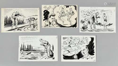 RENE PELLOS (1900-1998) Bande 3 Ensemble de cinq dessins à l...