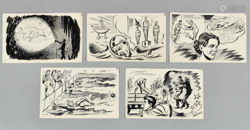 RENE PELLOS (1900-1998) Bande 9 Ensemble de cinq dessins à l...