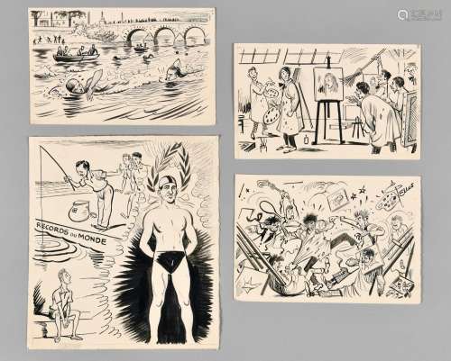 RENE PELLOS (1900-1998) Bande 10 Ensemble de quatre dessins ...