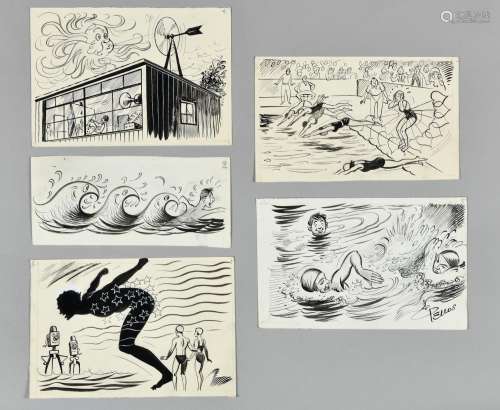 RENE PELLOS (1900-1998) Bande 11 Ensemble de cinq dessins à ...