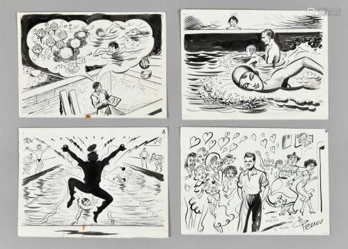 RENE PELLOS (1900-1998) Bande 12 Ensemble de quatre dessins ...