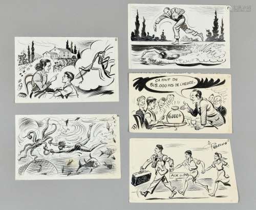 RENE PELLOS (1900-1978) Bande 14 Ensemble de cinq dessins à ...