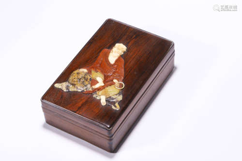 A Hardstone Inlaid Hardwood Arhat Box and Cover