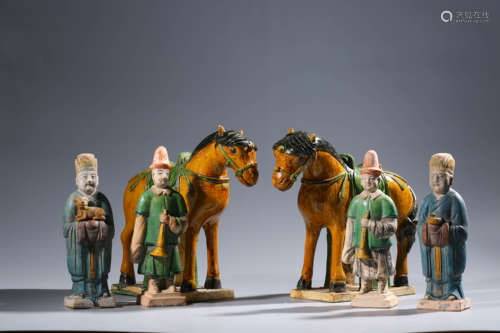 Set of Sancai Glaze Pottery Figures and Horses