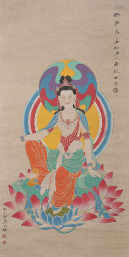 A Chinese Buddha Painting Paper Scroll, Zhang Daqian Mark