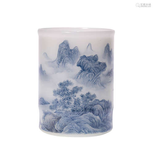 A Painted Landscape and Figure Brush Pot