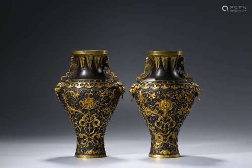 A Pair of Gilt Bronze Twin-Beast Vases