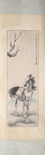 A Chinese Horse Painting Paper Scroll, Xu Beihong Mark