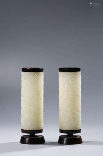 A Pair of Carved White Jade Dragon Parfumiers