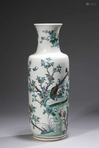A Wucai Flower and Bird Rouleau Vase