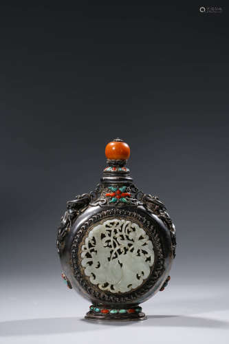 A White Jade Inlaid Silver Snuff Bottle