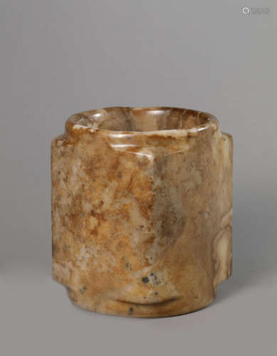 A Carved Brownish Jade Cong-Form Vase