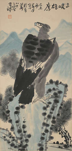 A Chinese Eagle Painting Paper Scroll, Li Kuchan Mark