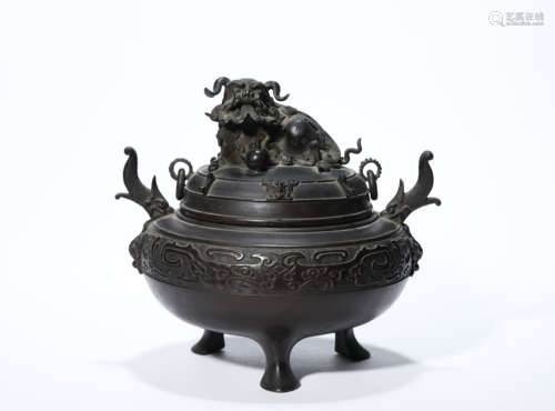 A Bronze Tripod Lion-Finial Censer and Cover