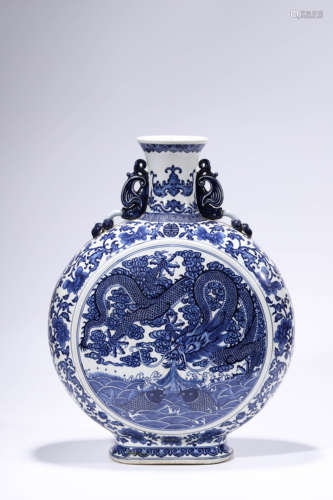 A Blue and White Dragon Wave Moon Flask