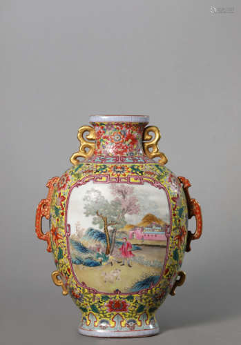 A Yellow-Ground Famille Rose Figure Moon Flask