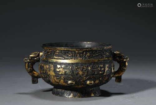 A Gilt Bronze Taotie Double-Eared Censer