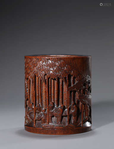 A Carved Bamboo Root Seven Scholars Brush Pot