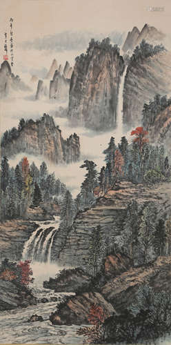 A Chinese Landscape Painting Paper Scroll, Huang Junbi Mark