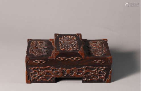 A Sandalwood Inlaid Boxwood Chilong Box and Cover