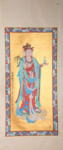 A Chinese Guanyin Painting Paper Scroll, Zhang Daqian Mark