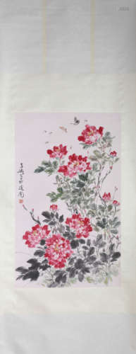 A Chinese Flower Painting Paper Scroll, Wang Xuetao Mark