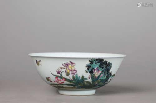 A Famille Rose Butterfly and Inscription Bowl