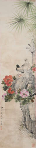 A Chinese Flower and Bird Painting Paper Scroll, Yan Bolong ...