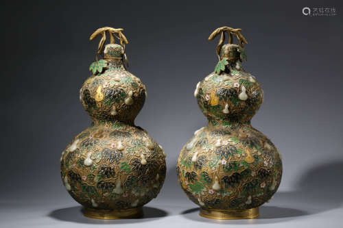 A Pair of Jade Inlaid Cloisonne Enamel Double-Gourd Shape Va...