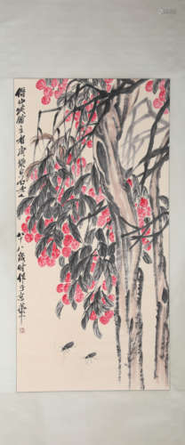 A Chinese Flower Tree Painting Paper Scroll, Qi Baishi Mark