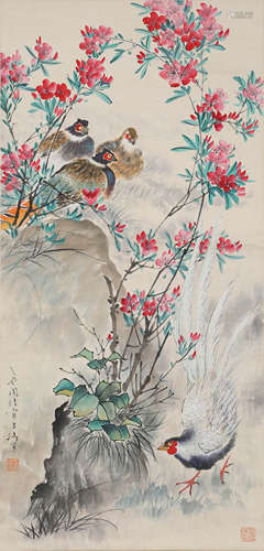 A Chinese Flower and Bird Painting Paper Scroll, Wang Xuetao...