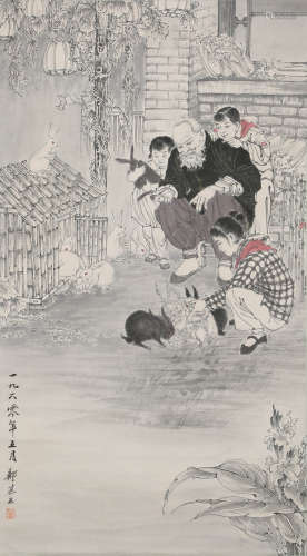 A Chinese Figures Painting Paper Scroll, Zheng Mukang Mark