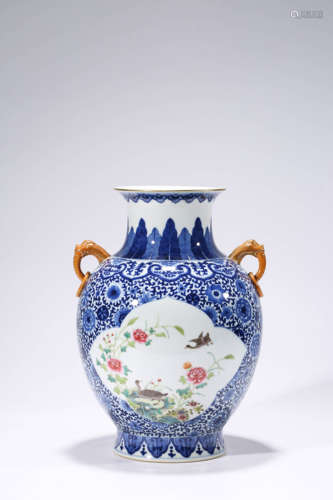 A Blue and White Flower and Bird Double-Eared Vase