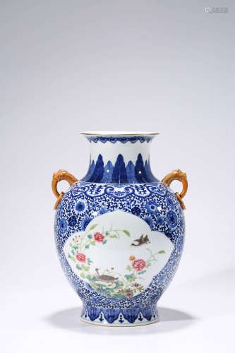 A Blue and White Flower and Bird Double-Eared Vase