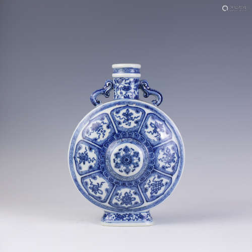 A Blue and White Eight Treasures Moon Flask