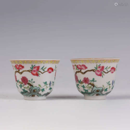 A Pair of Famille Rose Melon and Fruits Cups