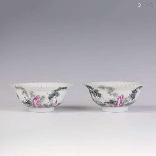 A Pair of Famille Rose Bamboo and Stone Bowls