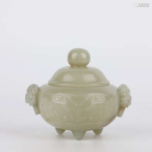 A Carved Jade Tripod Censer with Cover