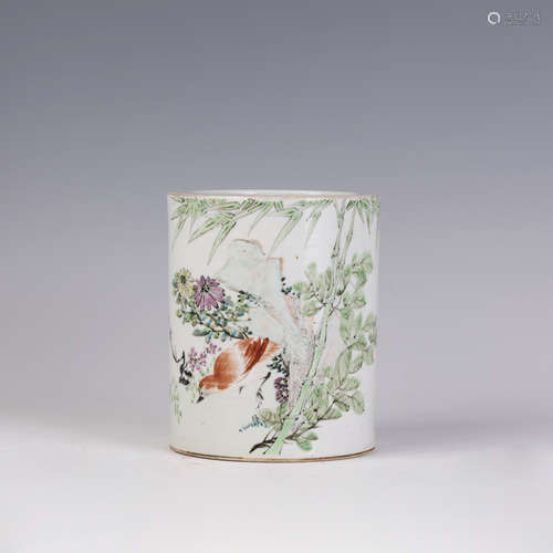 A Light Purple Reddish Flower and Bird Brush Pot