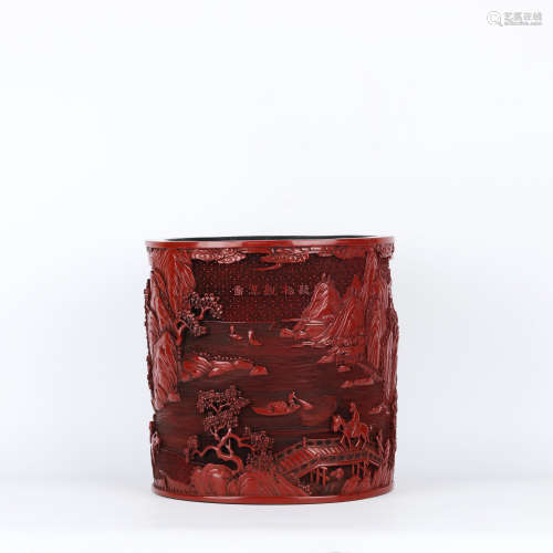 A Carved Cinnabar Lacquer Landscape and Figure Brush Pot