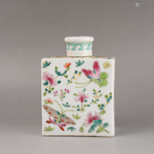 A Famille Rose Butterfly and Flower Tea Caddy
