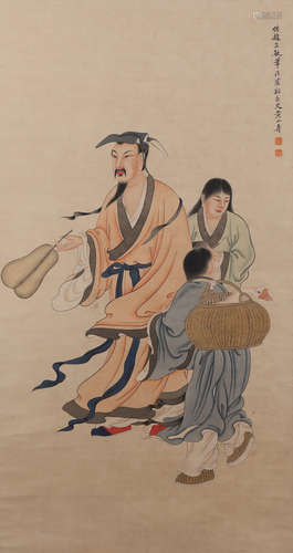 A Chinese Figure Painting Paper Scroll, Huang Shanshou Mark