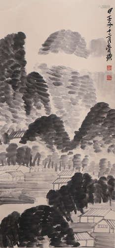 A Chinese Landscape Painting Paper Scroll, Qi Baishi Mark