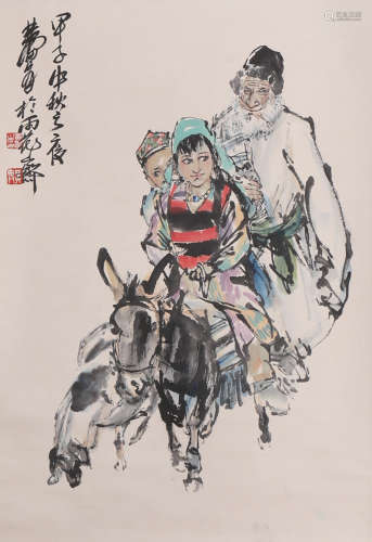 A Chinese Figure Painting Paper Scroll, Huang Zhou Mark