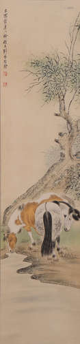 A Chinese Horse Painting Paper Scroll, Liu Kuiling Mark