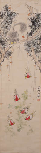 A Chinese Flower Painting Paper Scroll, Xu Gu Mark