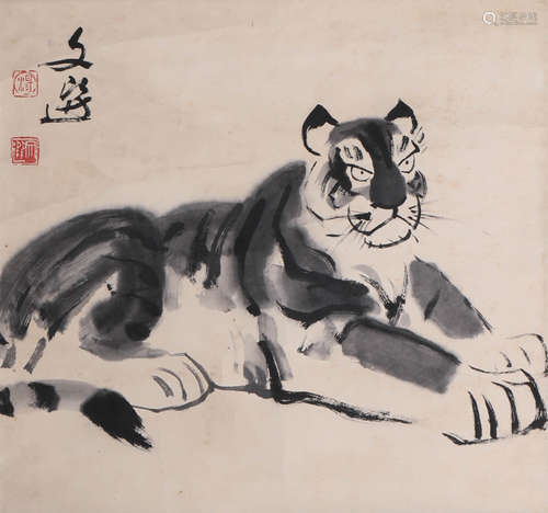 A Chinese Tiger Painting Paper Scroll, Tang Wenxuan Mark