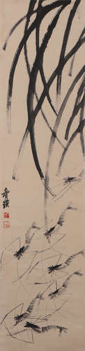 A Chinese Shrimp Painting Paper Scroll, Qi Baishi Mark