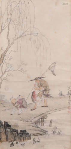 A Chinese Fishing Painting Paper Scroll, Leng Mei Mark