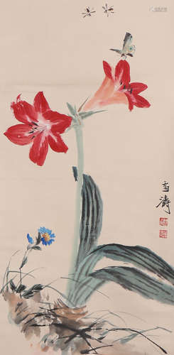 A Chinese Flower Painting Paper Scroll, Wang Xuetao Mark